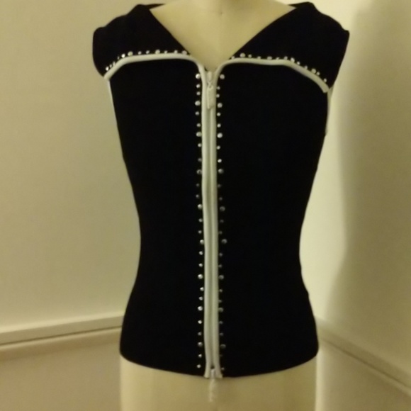 #30 KNIT Black & White Sleeveless Zippered Belldini Designer Tank Top wBLING NWT - Picture 2 of 6